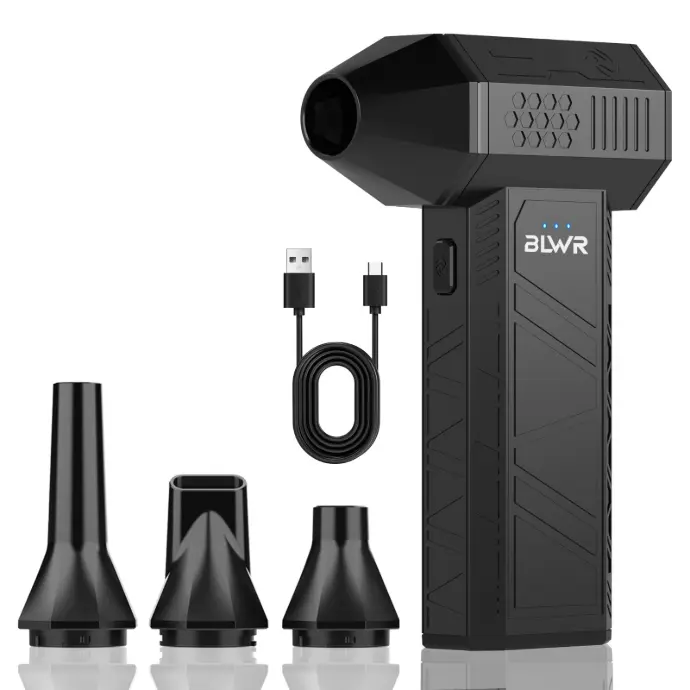 Rechargeable BLWR mini fan with USB charging cable.