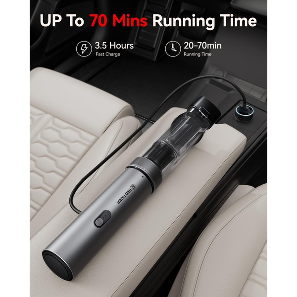 REDTIGER Cordless Car Vacuum Cleaner - 70 Min Runtime, USB-C Fast Charge