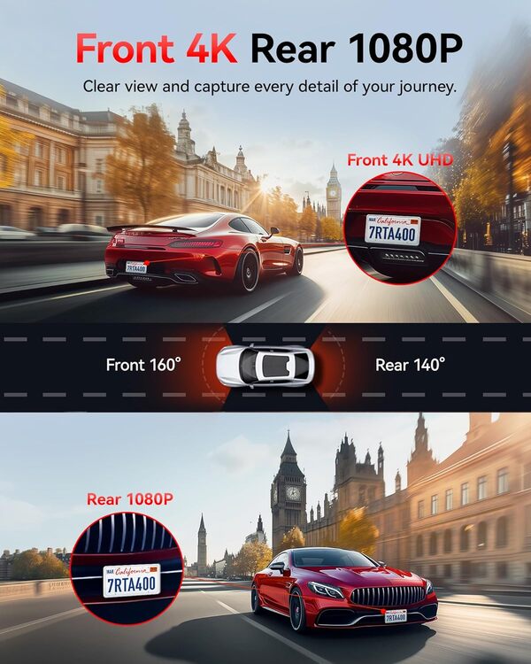 REDTIGER A4 4K Front & 1080P Rear Dash Cam - 5GHz Wi-Fi, 64GB Card, GPS