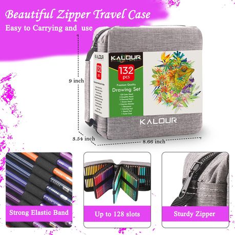 KALOUR 132 Color Pencil Set in Nylon Case - Complete Art Kit for Sketching