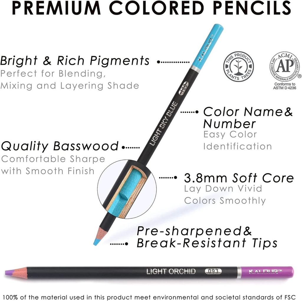 KALOUR 180 Colored Pencil Set for Adults Artists kids 3.8mm Rich Pigment