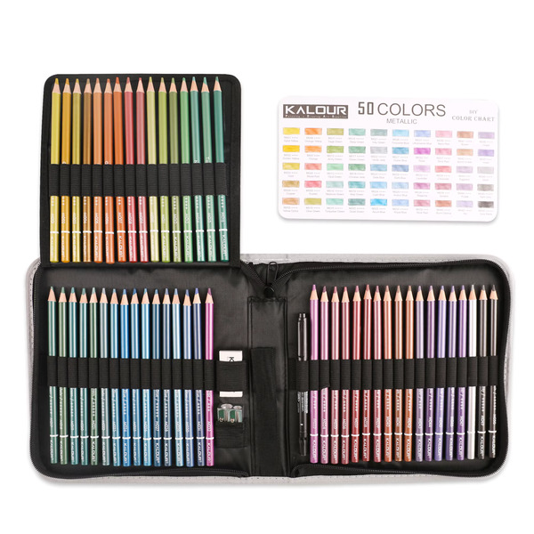 KALOUR 50 Metallic Color Pencil Set in Nylon Case Vibrant Metallic Colors