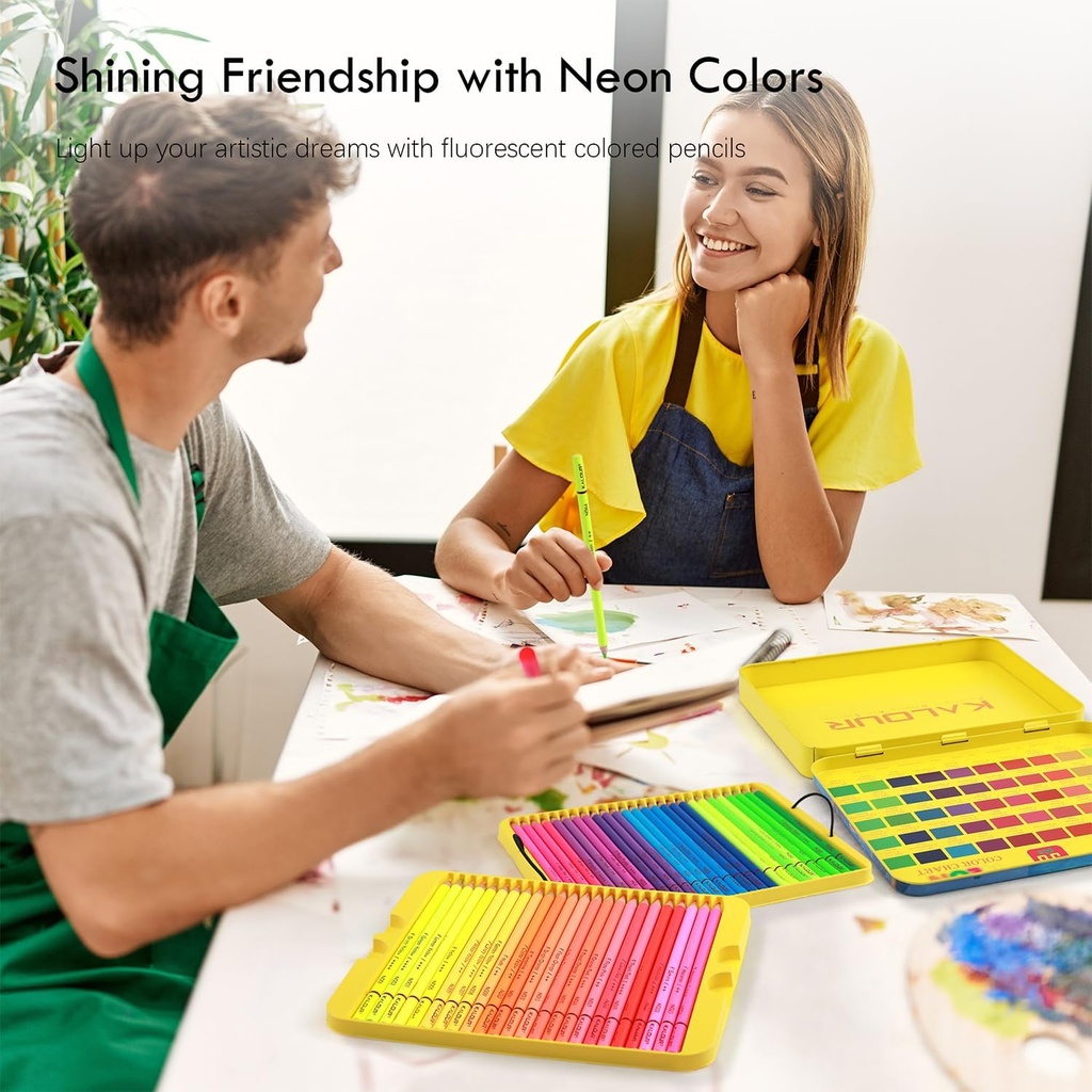 KALOUR 50 NEON Color Pencil Tin Box Set - Vibrant Neon Colored Pencils