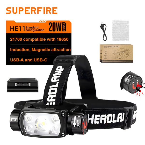 SUPERFIRE HE11 Rechargeable LED Headlamp - 800 Lumens, USB-C Magnetic Light