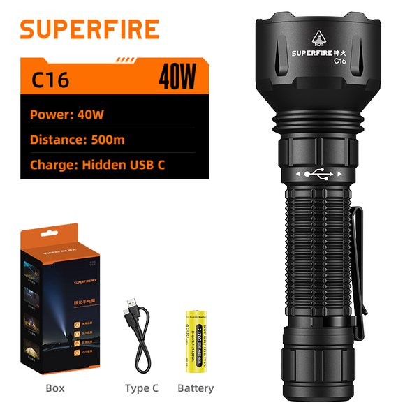 SUPERFIRE C16 Tactical Flashlight - 2700 Lumens, 40W Power, Type-C