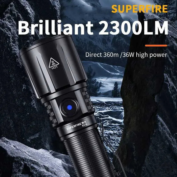 SUPERFIRE R1-G High-Power LED Flashlight - 36W Rechargeable Torch with Zoom