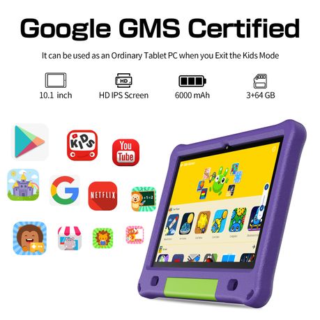 PRITOM Learning Kids Tablet 10.1" HD - 3GB RAM, 64GB Storage, WiFi - Purple