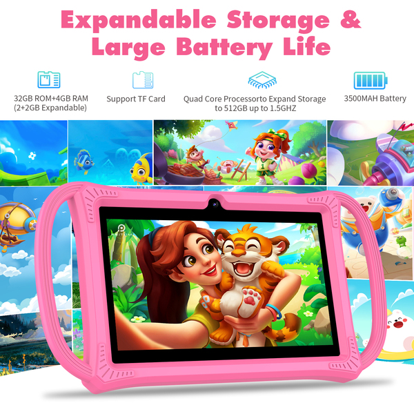 PRITOM K7 Pro Kids Tablet - 7" 4GB RAM, 32GB ROM, Case with Side Handles - Pink
