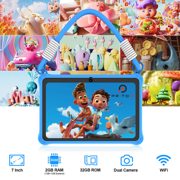 PRITOM Kids Adventure Tablet 7" - 2GB RAM, 32GB Storage, Parental Controls - Blue
