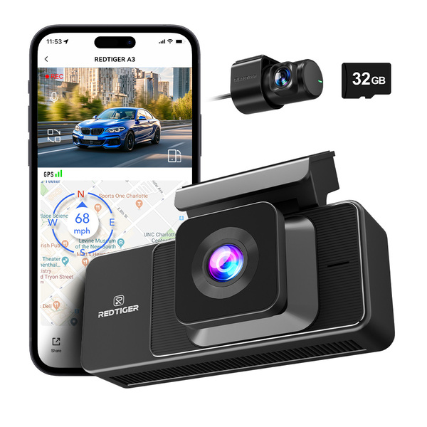 Redtiger A3 3-Channel Dash Cam with 2.5K Front + 1080P Cabin & Rear, 3.18"